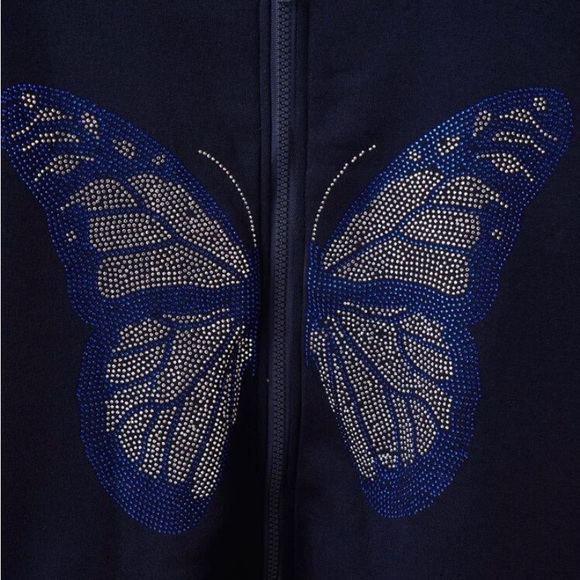 Rhinestone Butterfly Kangaroo Pocket Thermal Lined Zip-up Hoodie - Picture 3 of 4